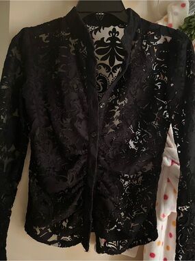$10Gift💕Sexy Velvet Mesh Floral 3D velvet Cutout Lace rouch Button-Up Blouse